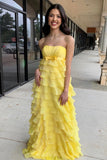 Strapless Yellow Chiffon Tiered Ruffles Long Party HZ0307