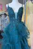 Straps Ink Blue Appliques Tulle Ruffles Long Formal HZ0307