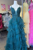 Straps Ink Blue Appliques Tulle Ruffles Long Formal HZ0307