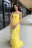 Strapless Yellow Chiffon Tiered Ruffles Long Party HZ0307