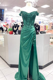 Off the Shoulder Green Beaded Appliques Long Formal HZ0307