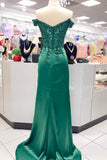 Off the Shoulder Green Beaded Appliques Long Formal HZ0307