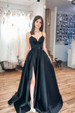 LTP1588,Spaghetti straps black a-line satin split prom HZ0307