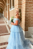 Off the Shoulder Light Blue Tulle Tiered Prom HZ0307