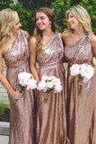One Shoulder Rose Gold Sequins Long Bridesmaid HZ0307