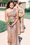 One Shoulder Rose Gold Sequins Long Bridesmaid HZ0307