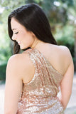 One Shoulder Rose Gold Sequins Long Bridesmaid HZ0307