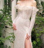 LTP1708, Gorgeous White Sequined Long Prom Dresses, Off the Shoulder Wedding HZ0307
