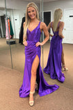 V Neck Blue Satin Mermaid Long Formal HZ0307