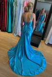 V Neck Blue Satin Mermaid Long Formal HZ0307