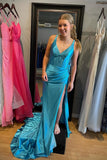V Neck Blue Satin Mermaid Long Formal HZ0307