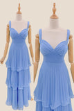 Blue Chiffon Pleated A-line Long Party HZ0307