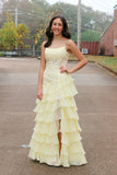 Spaghetti Straps Yellow Lace Appliques Mermaid Formal HZ0307