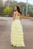 Spaghetti Straps Yellow Lace Appliques Mermaid Formal HZ0307