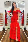 Cold Sleeves Red Lace Mermaid Ruffle Prom HZ0307
