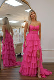 Keyhole Hot Pink Chiffon Ruffle A-line Long Party HZ0307