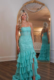 Strapless Teal Lace Appliques Fitted Ruffle Prom HZ0307