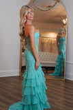 Strapless Teal Lace Appliques Fitted Ruffle Prom HZ0307