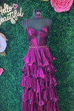 Straps Pink Metallic Pleated A-line Ruffle Long Formal HZ0307