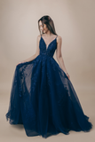 LTP1643,Dark Blue Lace Prom Dresses,Applique Tulle A-Line Evening Prom HZ0307