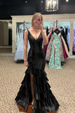 V Neck Yellow Satin Ruffle Fitted Prom HZ0307