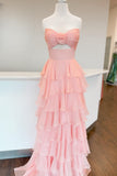 Keyhole Hot Pink Chiffon Ruffle A-line Long Party HZ0307