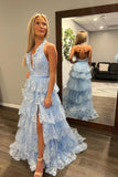 Halter Light Blue Appliques Ruffle Prom HZ0307
