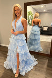 Halter Light Blue Appliques Ruffle Prom HZ0307