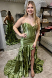 Strapless Green Satin Fitted Ruffle Prom HZ0307