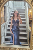 Dusty Blue Appliques Corset Satin Long Formal HZ0307