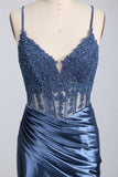 Dusty Blue Appliques Corset Satin Long Formal HZ0307