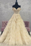 Off the Shoulder Champagne Appliques Tiered Ruffles Prom HZ0307