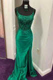 Green Sheer Appliques Satin Mermaid Long Party HZ0307