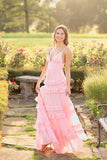Straps Pink Chiffon Tiered Long Maxi HZ0307