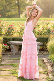 Straps Pink Chiffon Tiered Long Maxi HZ0307
