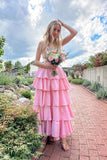 Spaghetti Straps Pink V Neck Ruffle Long Maxi HZ0307