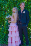Spaghetti Straps Pink V Neck Ruffle Long Maxi HZ0307
