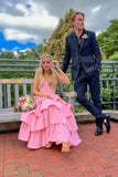 Spaghetti Straps Pink V Neck Ruffle Long Maxi HZ0307