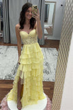 Sweetheart Yellow Lace Tiered Ruffle Prom HZ0307