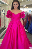 Flower Sleeves A-Line Hot Pink Evening Party Dress, Blue Long Satin Prom Dress HZ0307