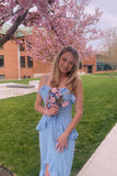 Straps Blue Chiffon Ruffle Slit Fitted HZ0307