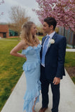 Straps Blue Chiffon Ruffle Slit Fitted HZ0307