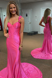 Handmade Flowers Straps Hot Pink Satin Mermaid Prom HZ0307