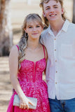 Straps Hot Pink Appliques Tulle Long Formal HZ0307