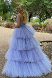 LTP1051,Glitter Hi-Low Lavender Tiered Tulle Prom HZ0307