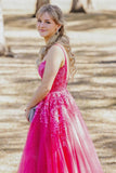 Straps Hot Pink Appliques Tulle Long Formal HZ0307