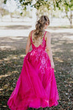 Straps Hot Pink Appliques Tulle Long Formal HZ0307