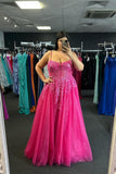 Straps Hot Pink Appliques Tulle Long Formal HZ0307
