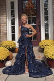 Luxury Lace One Shoulder Sequined Appliques Multi Layers Split Prom HZ0307
