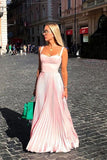 LTP1250,Pretty A-Line Straps Pink Prom Dress with Pleats Sleeveless Long Party HZ0307